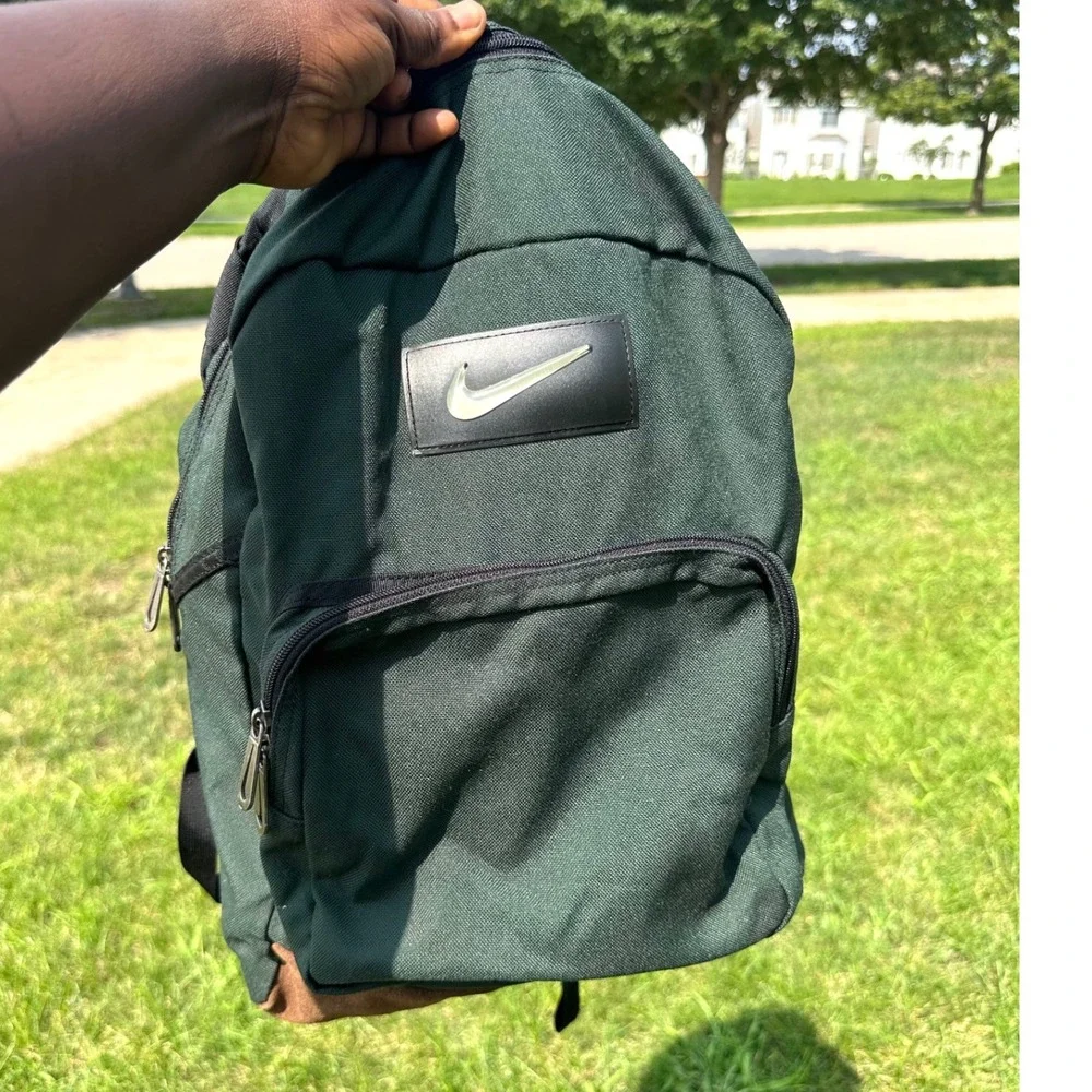 Vintage Nike Suede Leather Bottom Swoosh Green Backpack‎